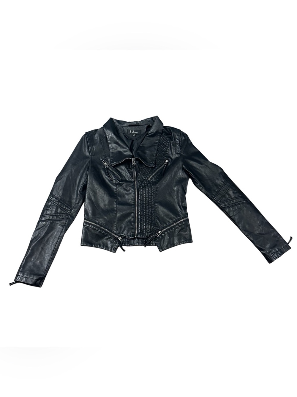 Lulus Womens M Black Faux Leather Moto Jacket Quilted Zip Biker Motorcycle